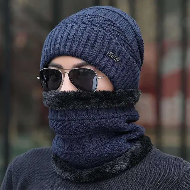 Herren Samt Atmungsaktiv Verdicken Ski mütze Soft Knit Bonnet Skull ies Mütze Herbst Winter hals Warme Wolle Strick mützen Schal