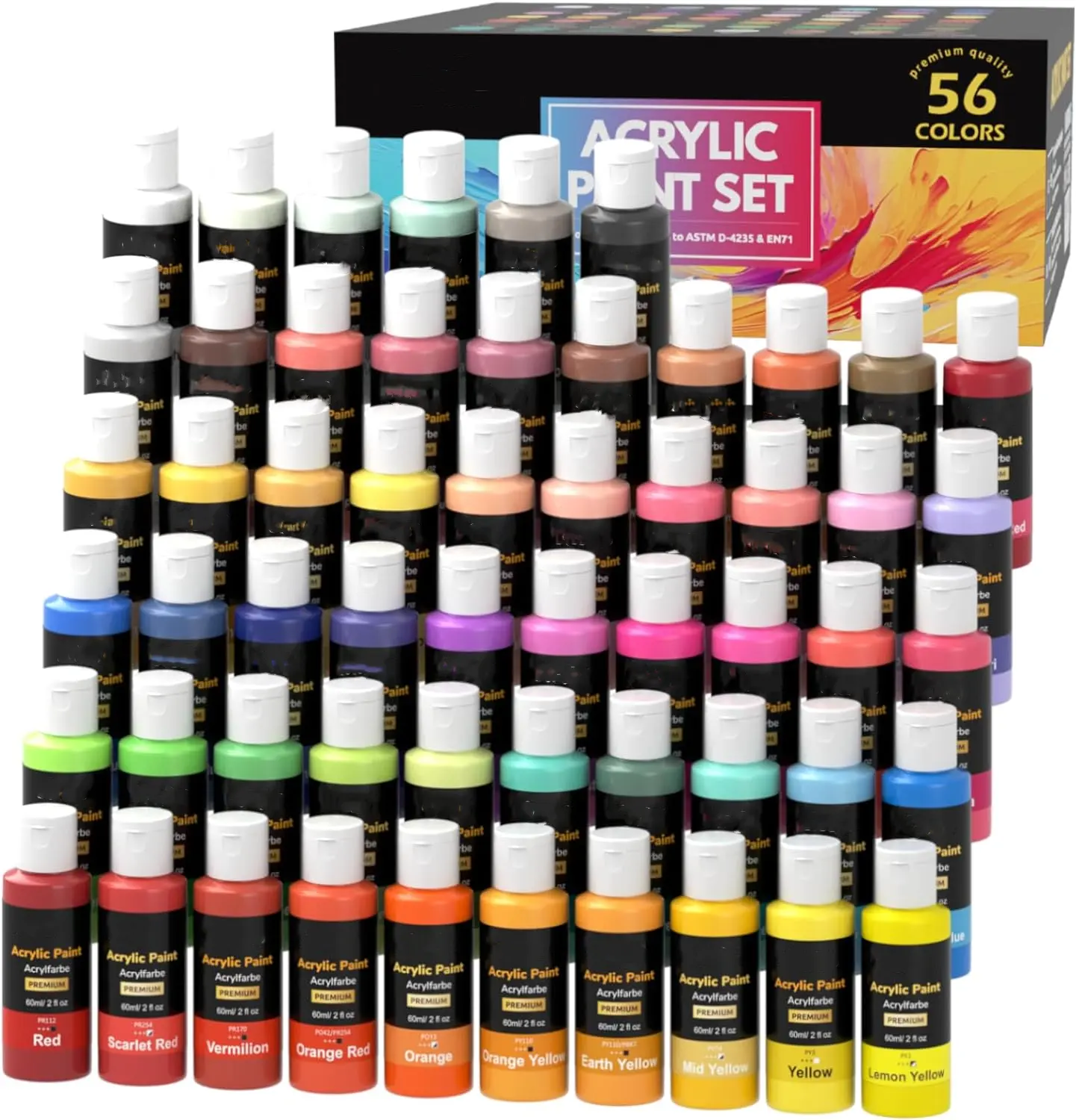 Sơn Acrylic Thiết lập 56 màu sắc (2oz /60ml mỗi) Matte kết thúc không thấm nước phong phú sắc tố sơn cho người mới bắt đầu vẽ tranh và các nghệ sĩ