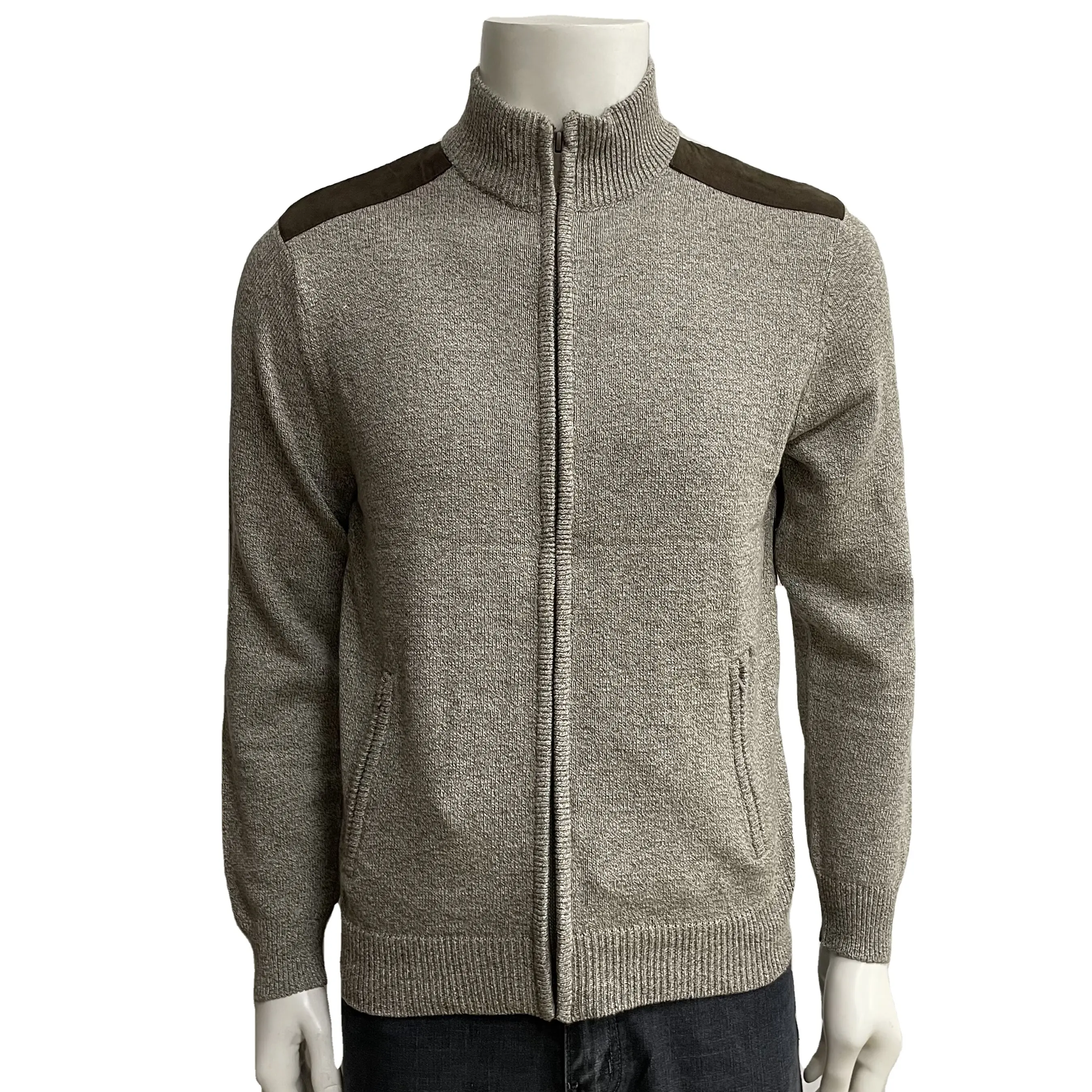 2023 New Men's Wear Shoulder suede Custom zipper leather head Half high neck zip cardigan sweater