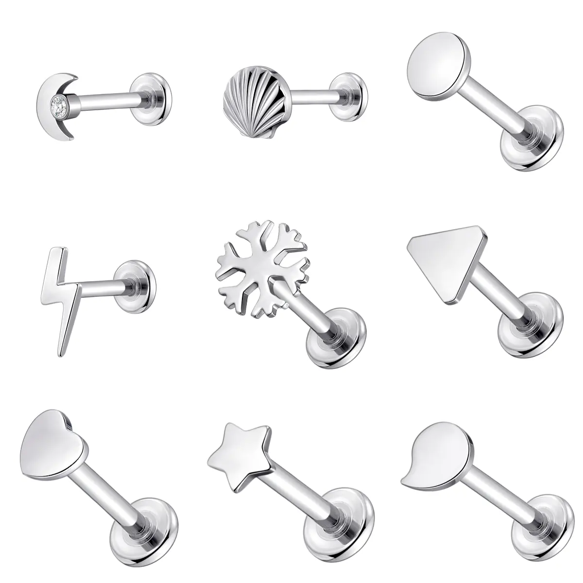 16G ASTM F136 Titane Labret Stud Lune Foudre Shell Coeur Étoile Neige Virgule Taichi Boucle D'oreille Stud