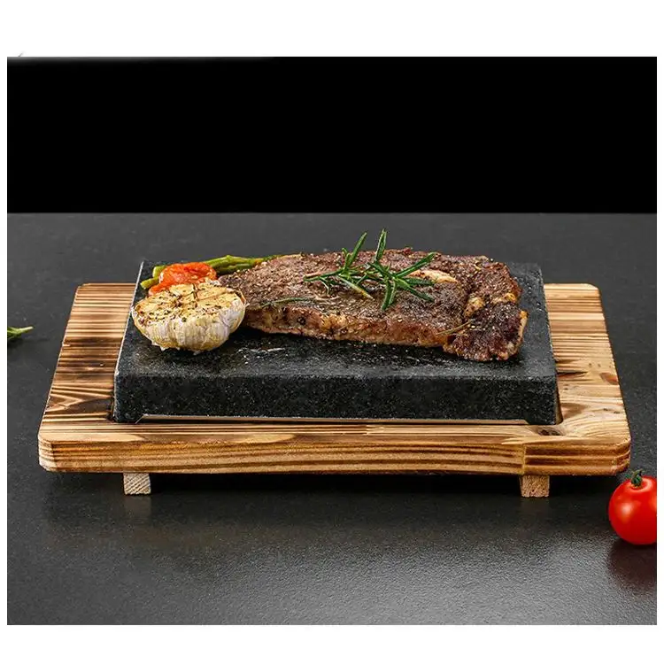 Piatto da bistecca in pietra fusa con Base in legno pietra da cucina Set completo piatto in pietra per bistecca calda Lava