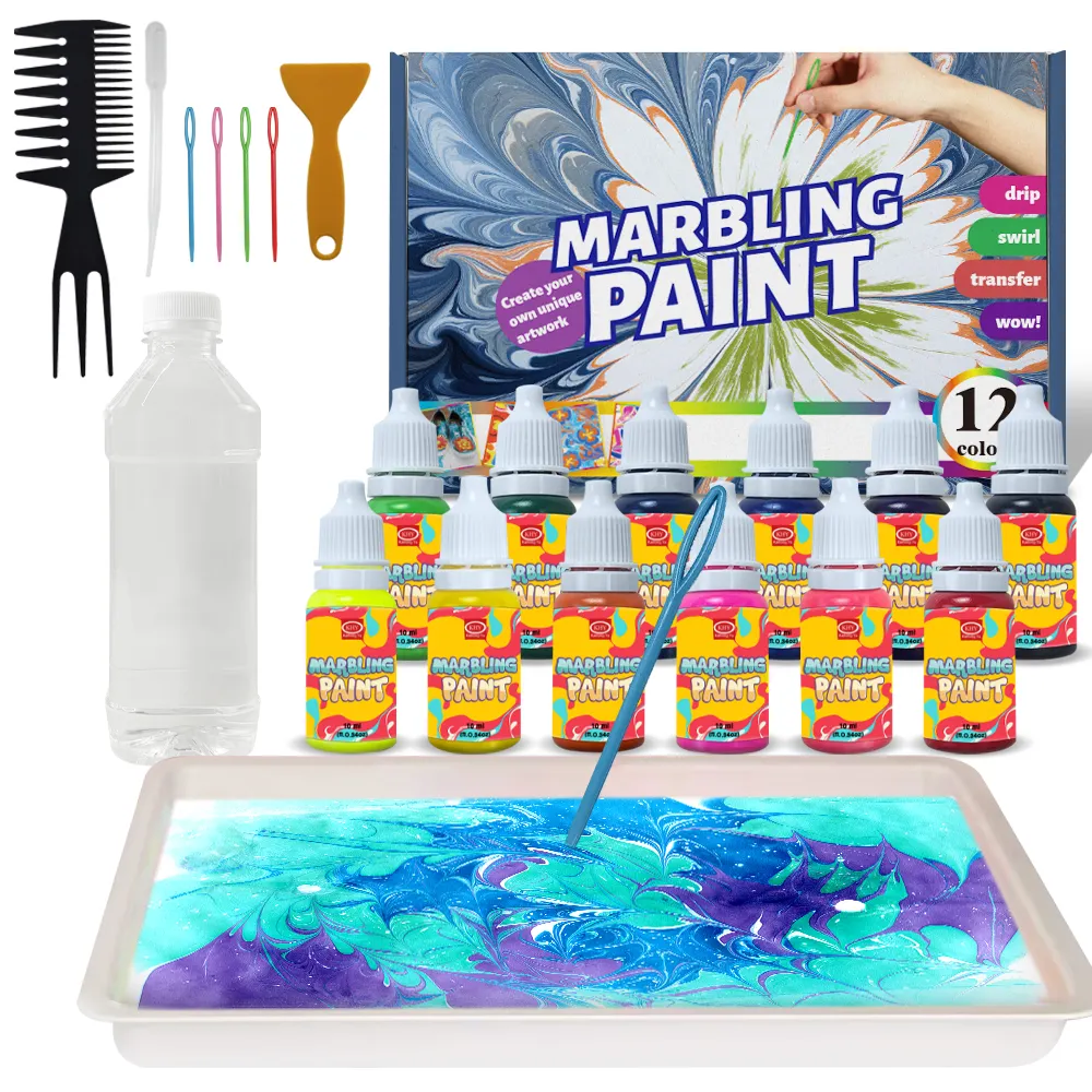 KHY Marbeling Draw Magic Marble Swirling Paints 12Color Water Marbling Paint Art Kit para niños-Artes y manualidades