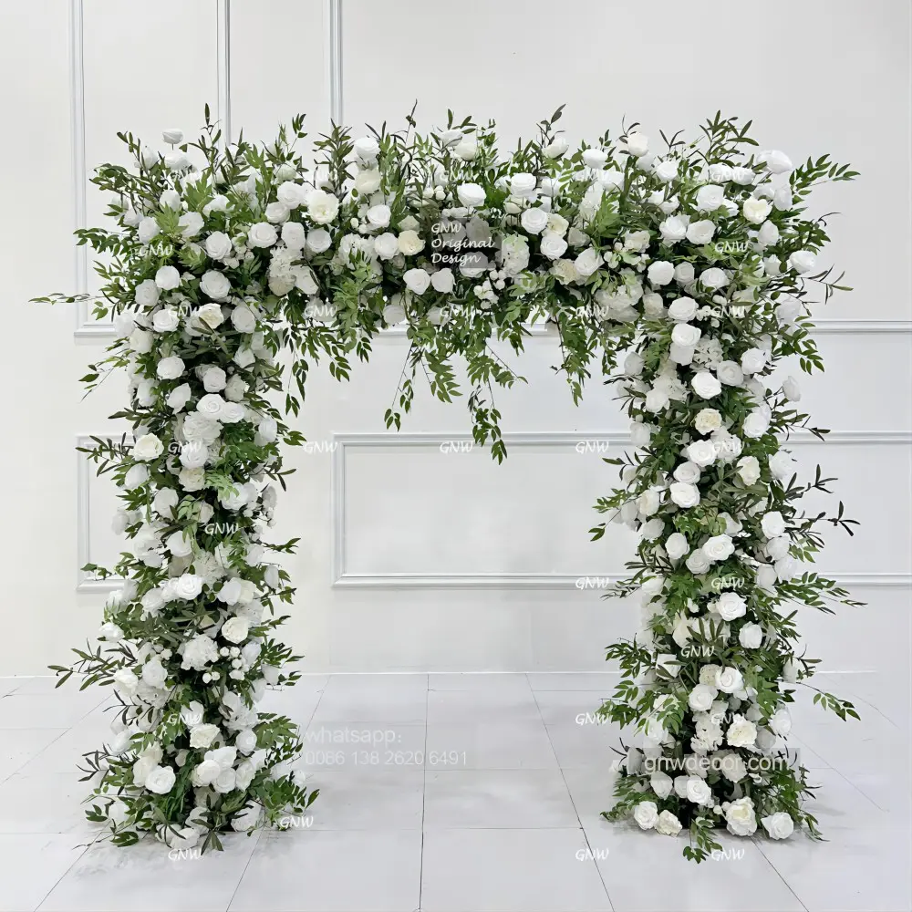 GNW Factory Custom Green Flowers Fondo DE BODA Imagen Decoración Arco artificial con marco de hierro Arco de flores de boda