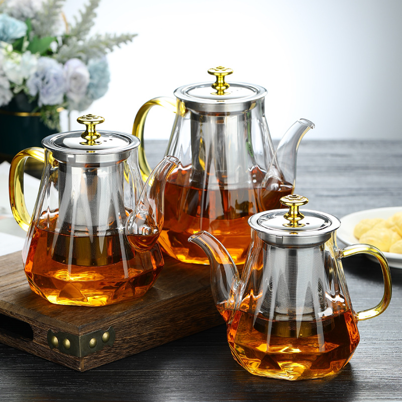 37Years Factory Diamond Style High Borosilicate Open Fire Stove Safe Glass Tea Pot With SUS 304  Infuser 600ml/800ml/1000ml