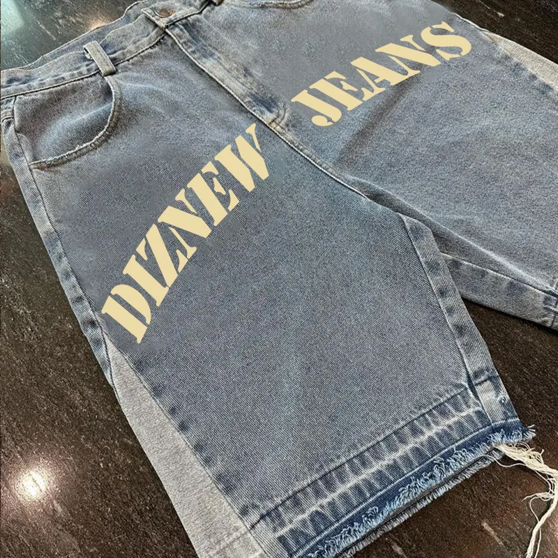 DIZNEW Parches bordados Logo Fabricante Raw Hem Cut Edge Distressed Streetwear Hip Hop Cargo Jean Shorts para hombres