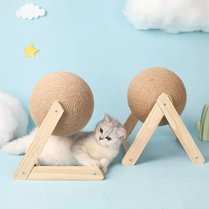 Popular pet cat toy solid wood cat scratching ball durable sisal rope ball climbing claw grinding toy cat dropshipping