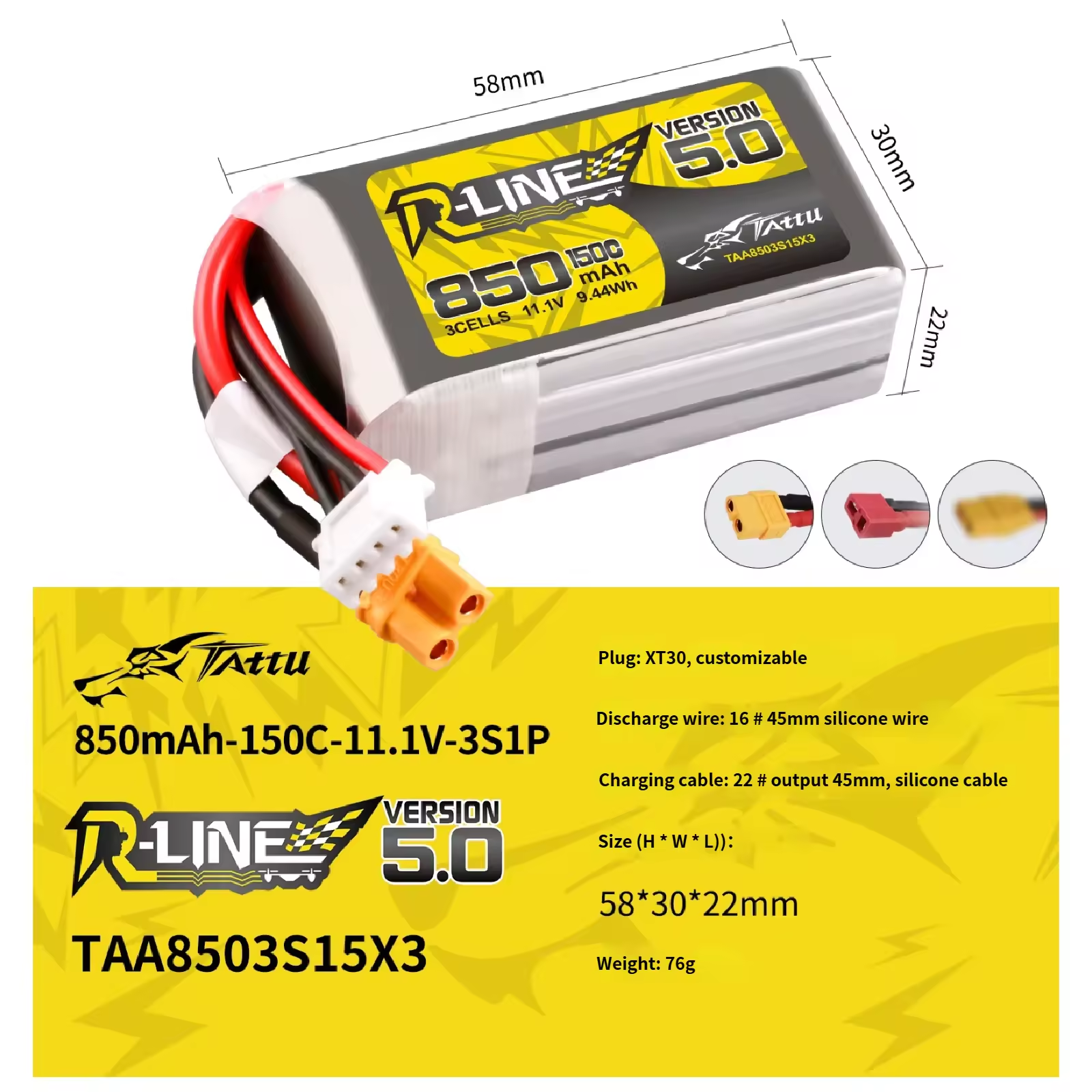 850mAh-150C-11.1V-3S1P-XT30