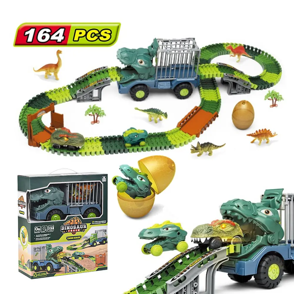 Voiture de course de dinosaure avec figurines de Dino légères, Cage détachable, jouet de dinosaure, voiture de course, jouets pour enfants, 163 pièces