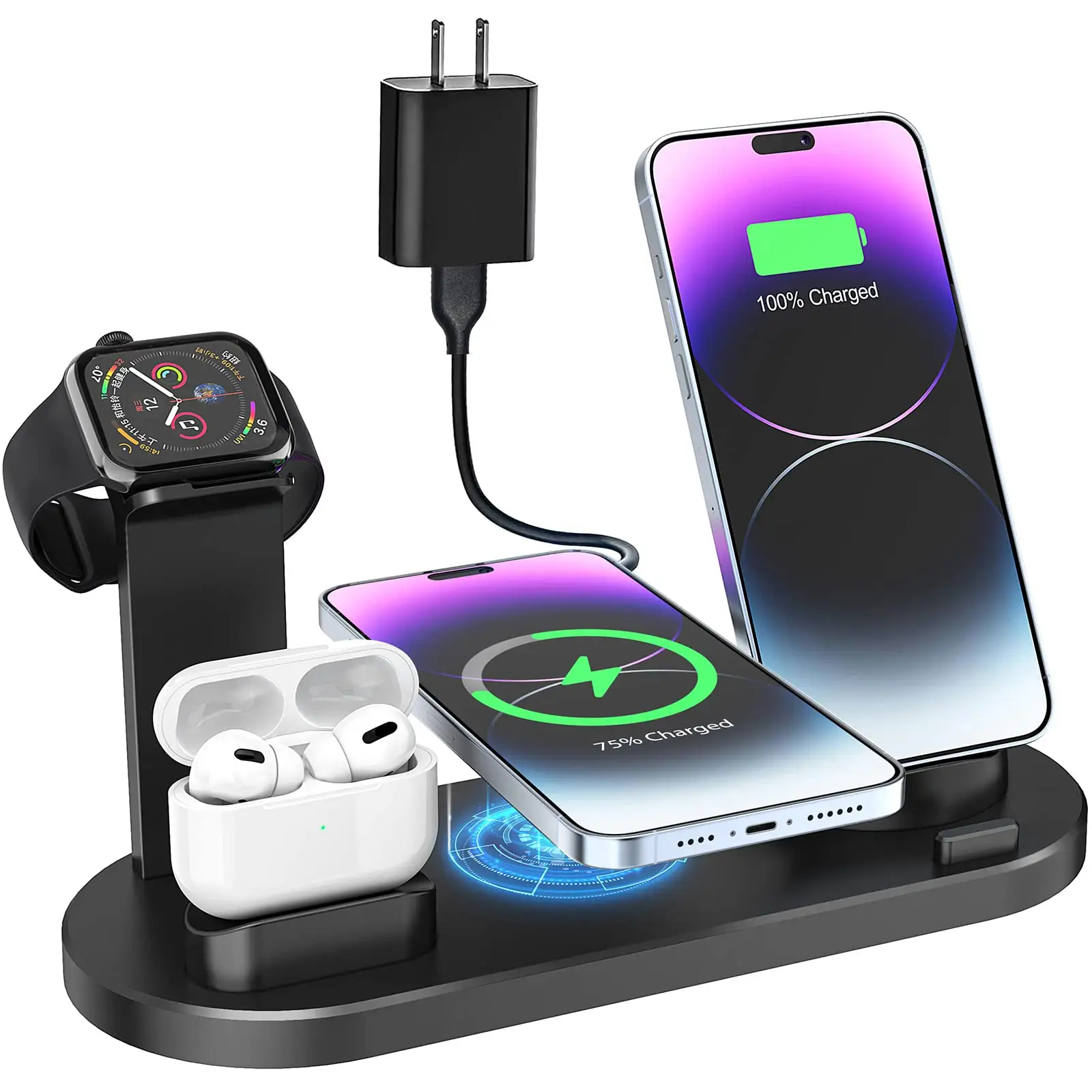 Estação de carregamento rápido rápido sem fio dobrável 6-1 Qi Phone Charger Stand 3 em 1 carregador sem fio para Iphone e fone de ouvido relógio