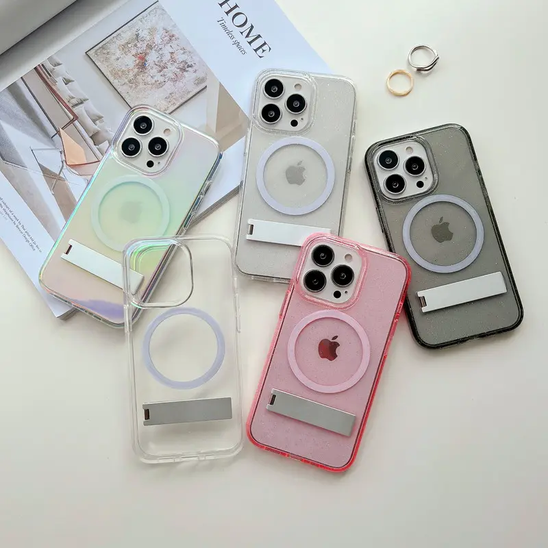 Glitter transparente magnetische Handy hülle mit Aluminium legierung halter 12 Pro Max Handy hülle Für klare iPhone 13 Hülle zurück
