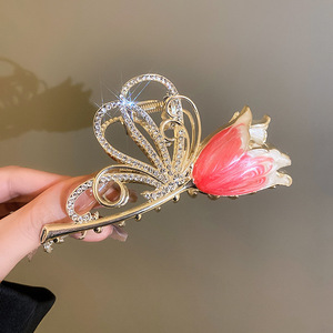 钻石蝴蝶翼花发夹女大蝴蝶郁金香花水钻发夹夹发爪