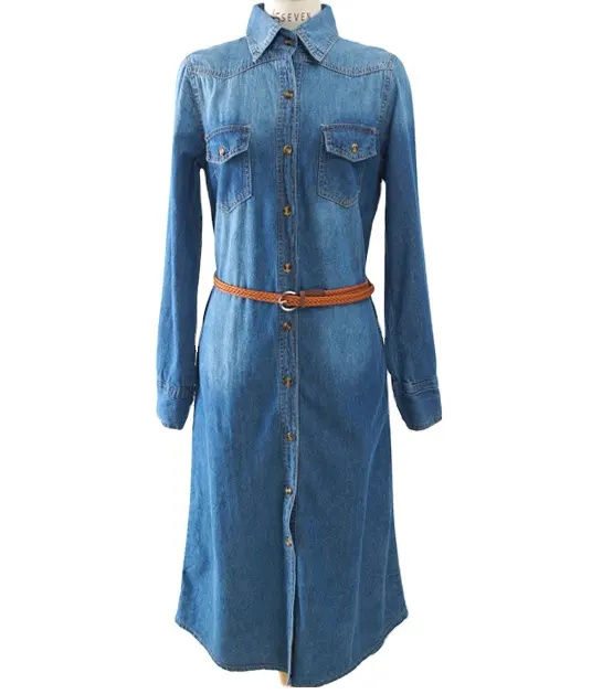 Tongrui thiết kế mới Châu Á phong cách thời trang của phụ nữ denim Dresses với vá túi phụ nữ Ăn mặc