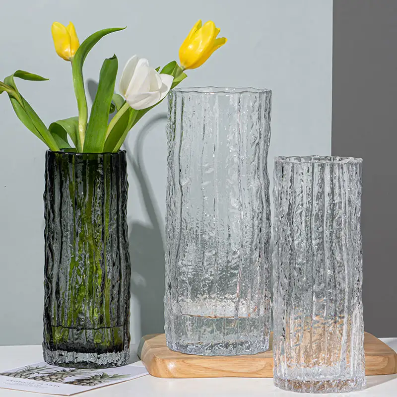 Jarrón de cristal con textura de corteza de estilo nórdico, botella de flores de lujo para decoración del hogar, florero cilíndrico