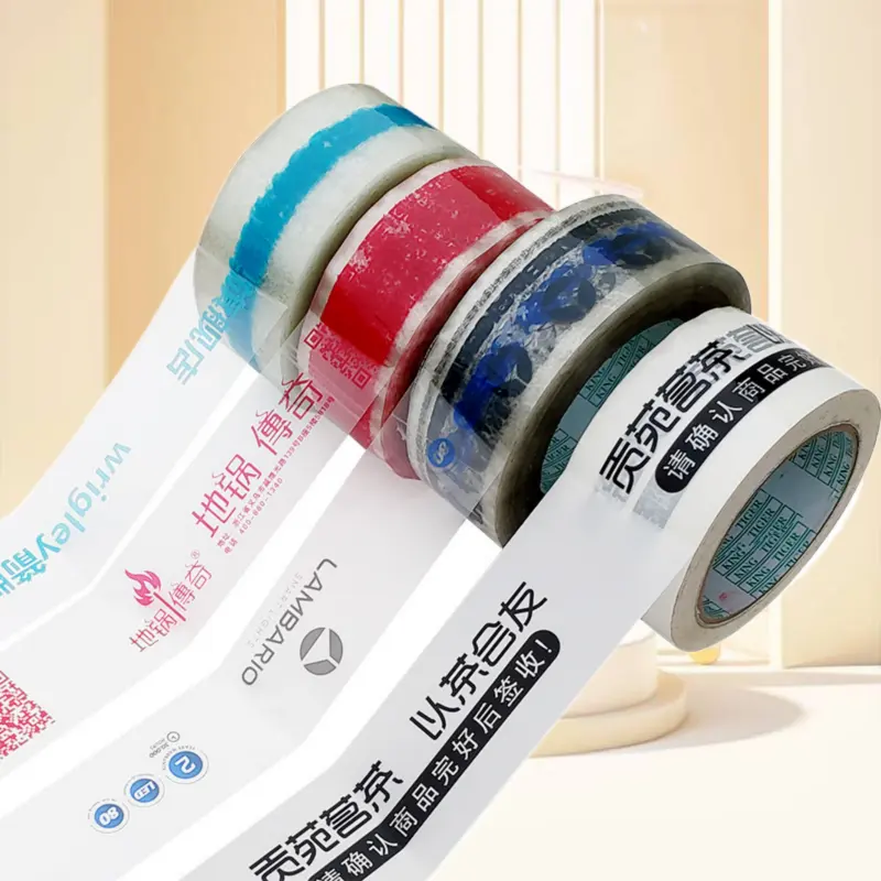 Fita de rolo de embalagem de papelão com logotipo impresso personalizado, fita transparente para publicidade de marca no atacado, adesivos para caixas de papel