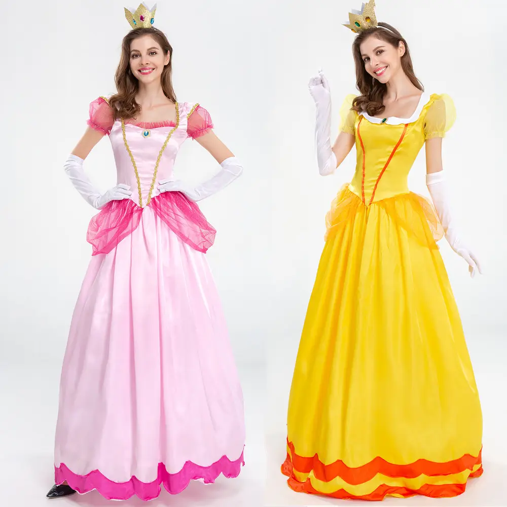 Traje de princesa Pêssego para mulheres, cosplay, festa de Halloween, máscaras, roupas para mulheres, vestido rosa chique