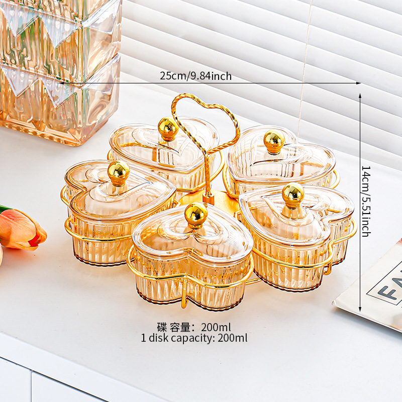 Amber 5-compartment heart-shaped dish holder with gold beads