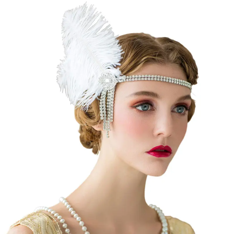 HZO-23041 Retro Flapper Feather Headband Great Gatsby Headpiece Art accessori per capelli fascia per capelli con piume e strass