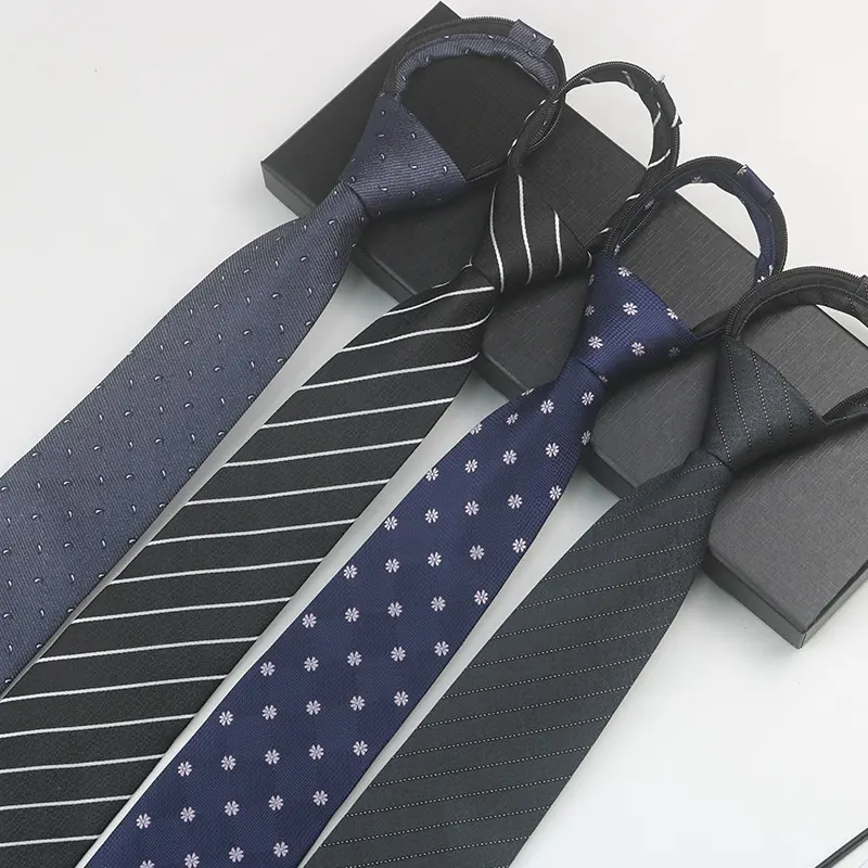 Cravatta con cerniera autobloccante all'ingrosso del produttore cravatte con cerniera in poliestere a quadri a righe personalizzate per uomo