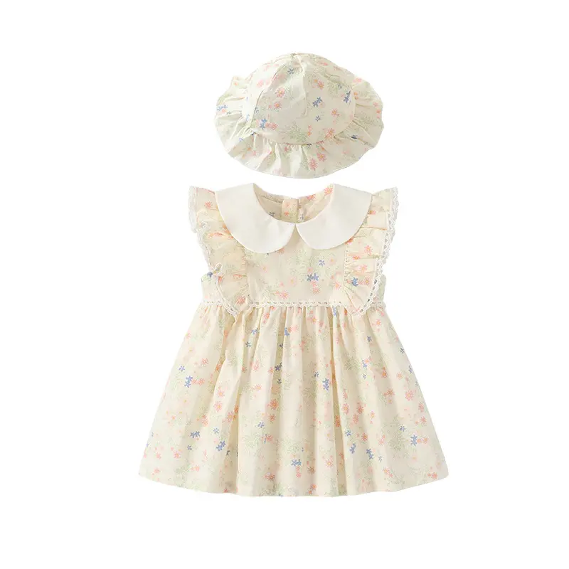 2023 New Design Korean Style Ruffled Baby Dress 100% Cotton Floral Toddler Girls Dress With Hat