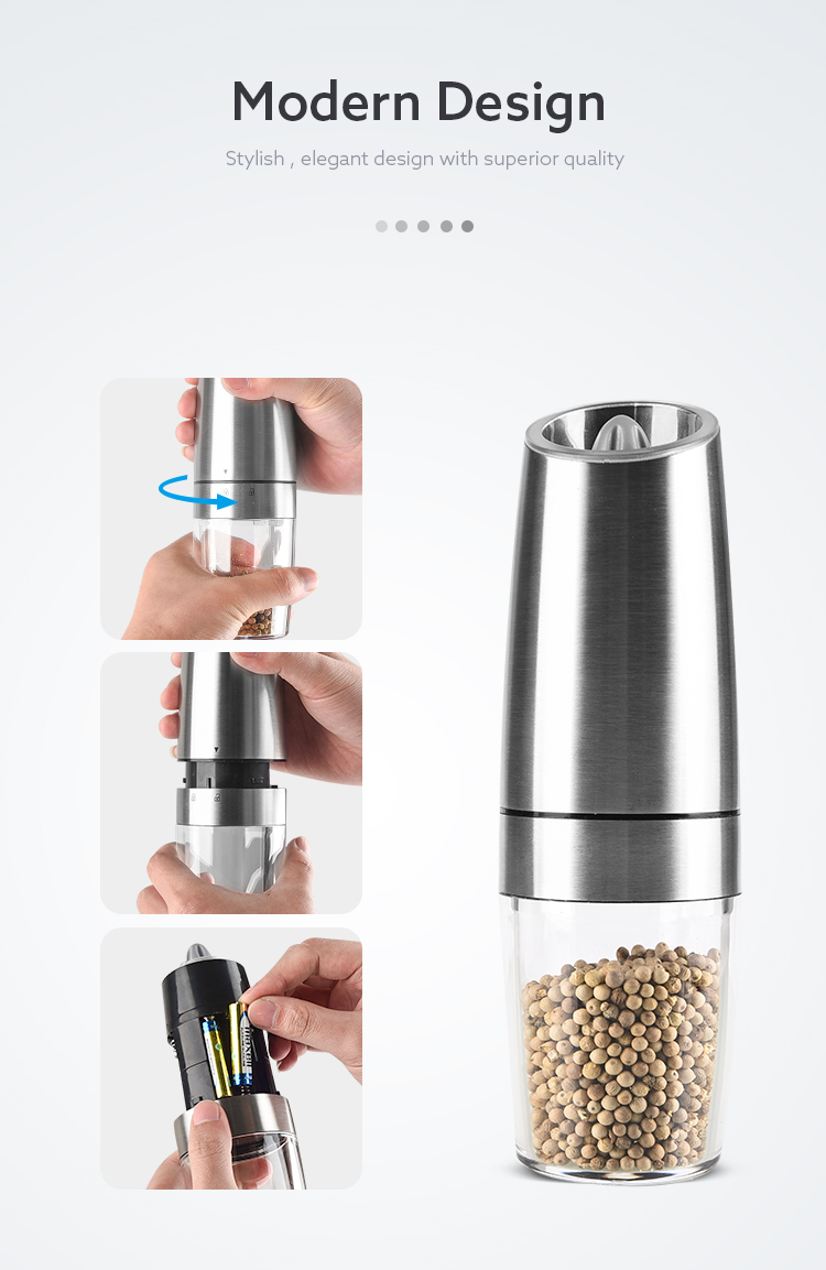 high quality portable customized stainless steel gravity salt grinder  pepper mill with LED light