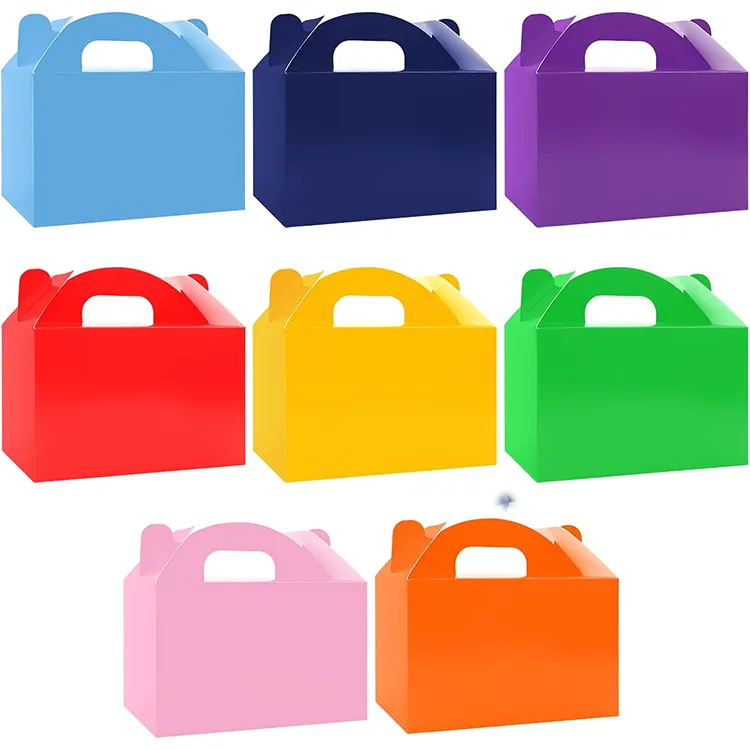 Pequeño MOQ listo para enviar 24 paquetes Rainbow Treat Party Favor Goodie Gable Cajas de regalo de papel Caja de papel para pastel de caramelo de color