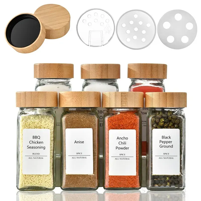 4oz Empty Square Glass Spice Jars Set with Bamboo Lid Spice Labels BBQ Shaker Lids for Condiments & Food Customizable Logo