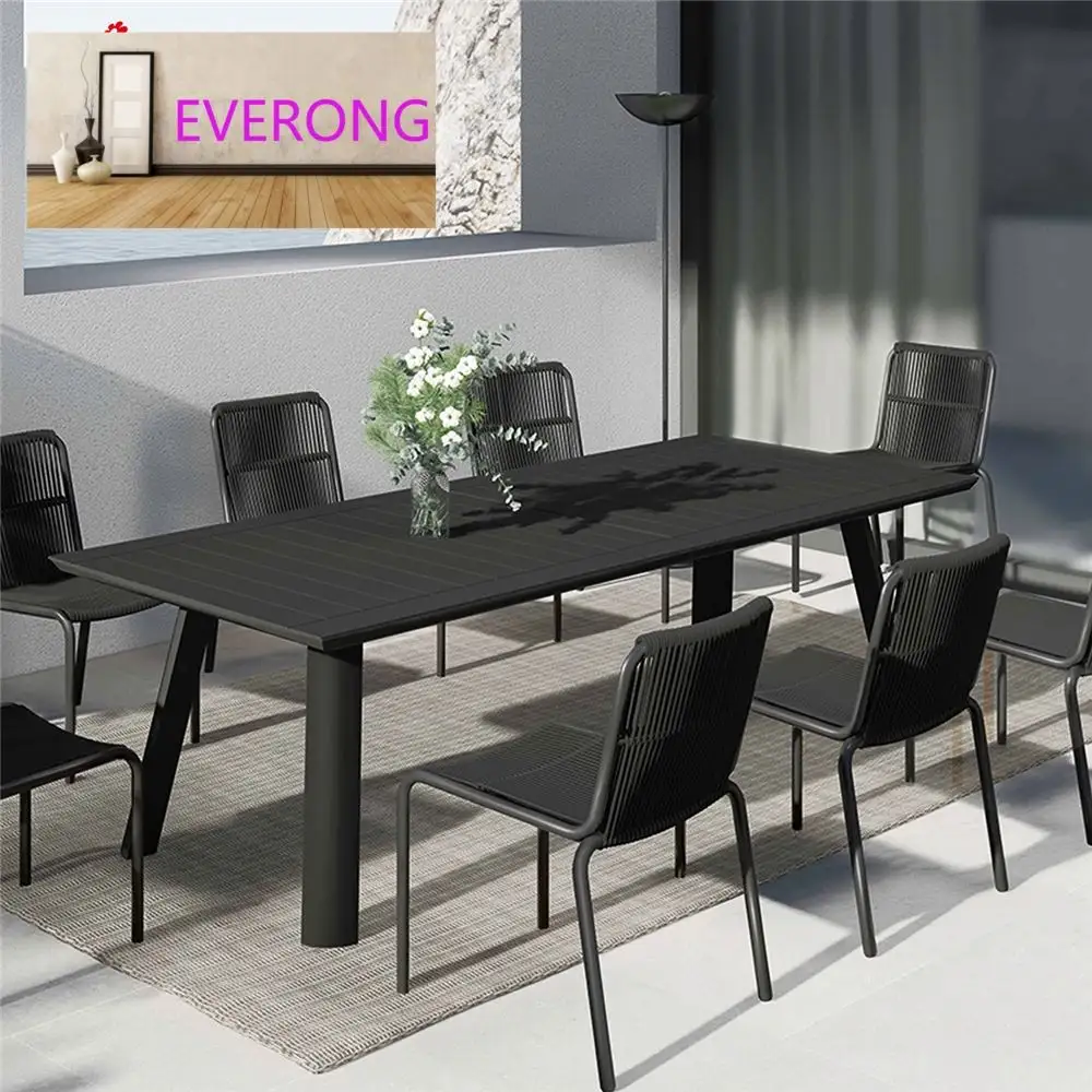 Everong muebles de patio de diseño de lujo tubo de aluminio de jardín con extensión de vidrio cerámico mesa de comedor al aire libre