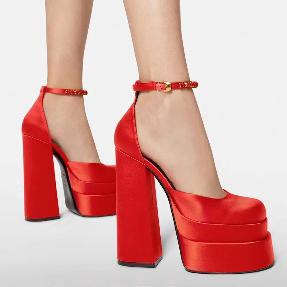 Luxury high platform pumps satin square toe sheepskin rhinestone red high heels shoes for women ladies pumps 2022