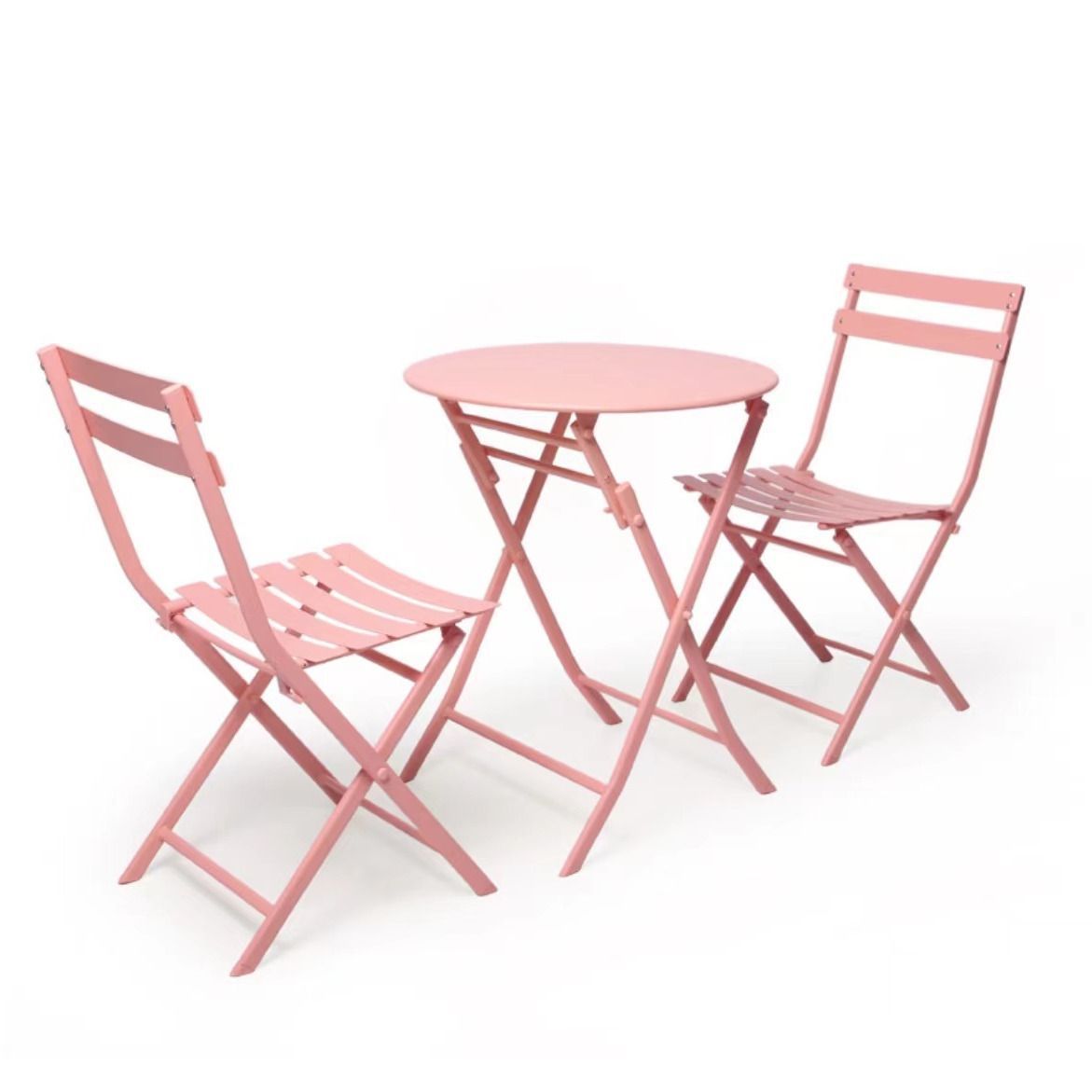 Table ronde pliante 2 chaises en fer forgé rose