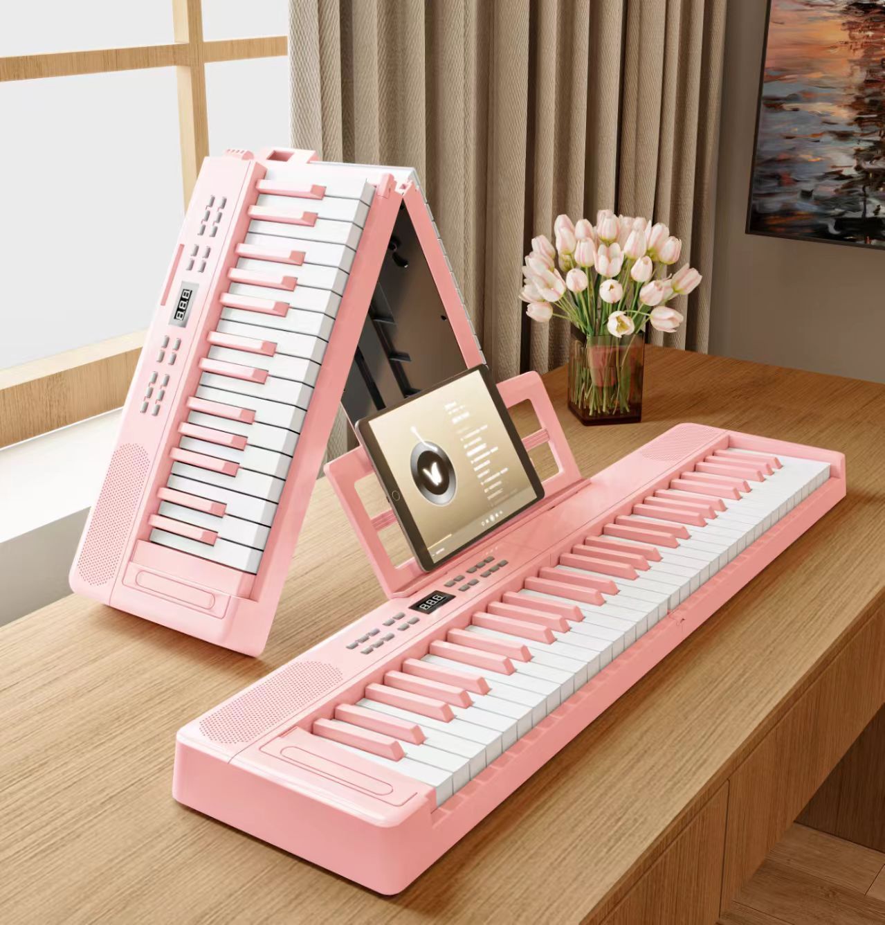 pink-61 key folding piano-basic bluetooth lights-three optional