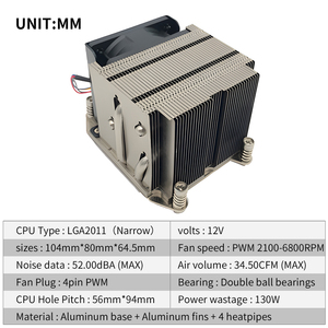 LGA2011 2U CPUヒートシンクアルミベースフィン4パイプ付き130W TDP 12V 4ピンPWM 104*80*64 PCサーバーCPUクーラーラジエーター - Product Image 2