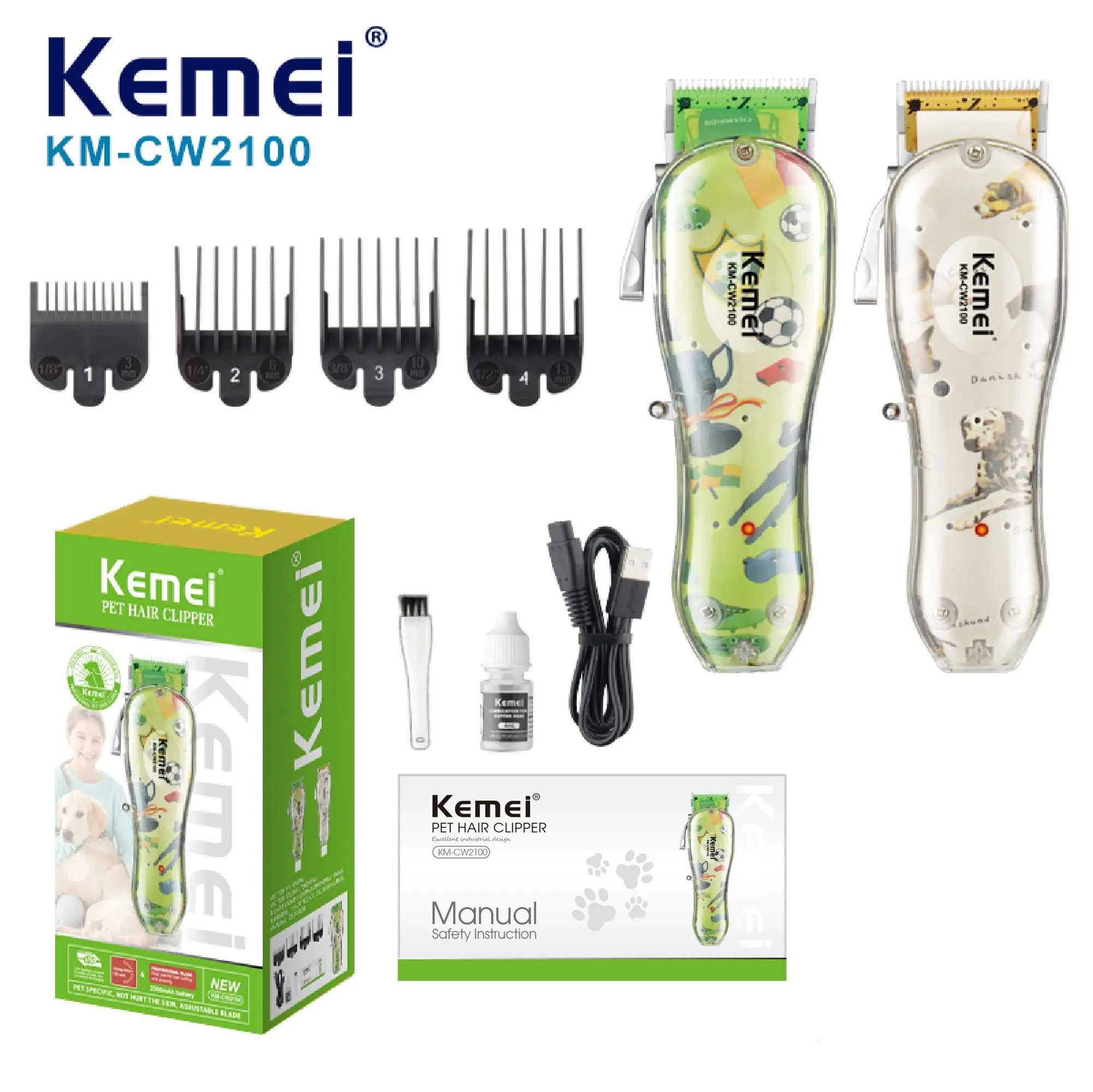 Kemei-Cortadora de pelo para mascotas, cortadora de pelo eléctrica con cuatro engranajes, ajustable, inalámbrica, para perros y gatos, recargable por USB,