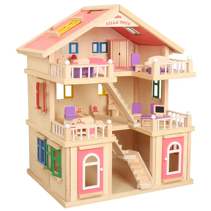 Hot Selling Girls Princess Toys Diy Geschenke Rollenspiel Holz Leben Kinder Größe 3D Holz möbel Set Traum puppe Haus Spielset