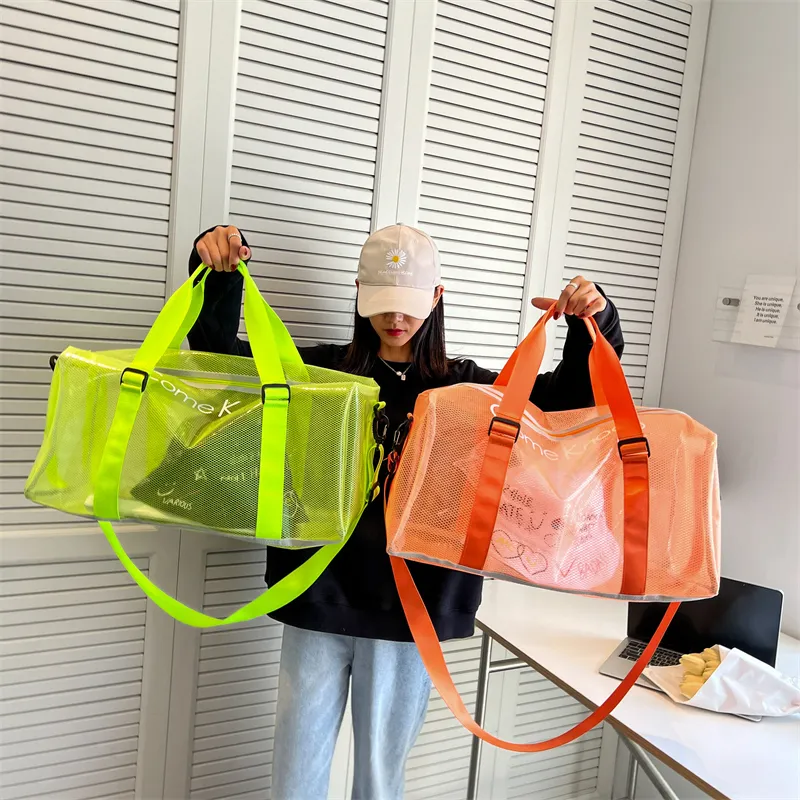 Hot Sale Fashion mit Mesh Transparent PVC Schwimm schulter Reisetasche mit großer Kapazität Einkaufstasche