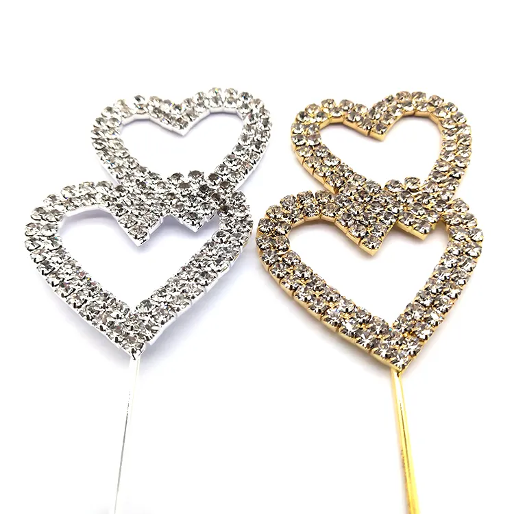 Brillante doble forma de corazón aleación cristal Rhinestone pastel Toppers para boda Día de San Valentín pastel decoración suministros favoritos