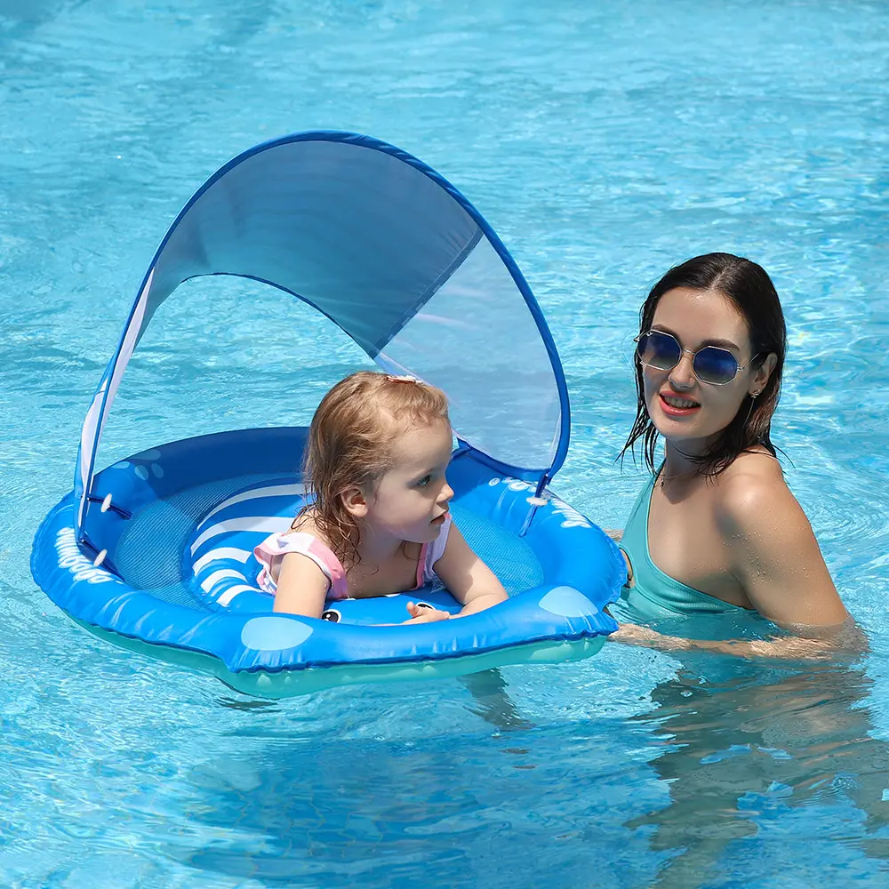 Swimbobo gonflable ours bleu bébé anneaux de natation prix usine produit pour l'été enfants siège flotteur enfant anneau de bain avec auvent