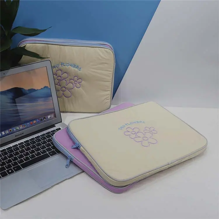 Padded Embroidery Crochet Laptop Cover Tablet Bubble Case Carrying Storage Bag Cotton Shockproof Puffy Sleeve Bag For Laptop