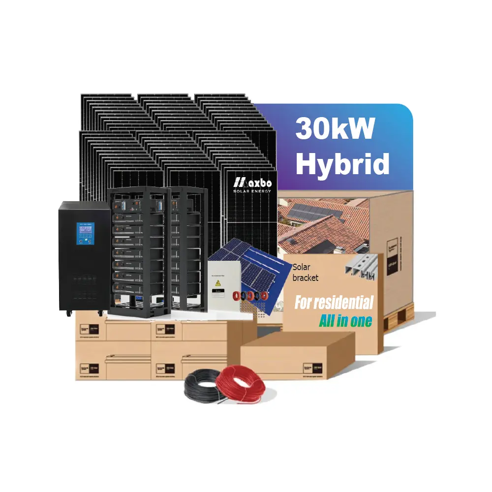 Sistem hibrida surya 20kW termasuk Panel surya 1kW dan turbin angin 30kW 48V penggunaan di rumah