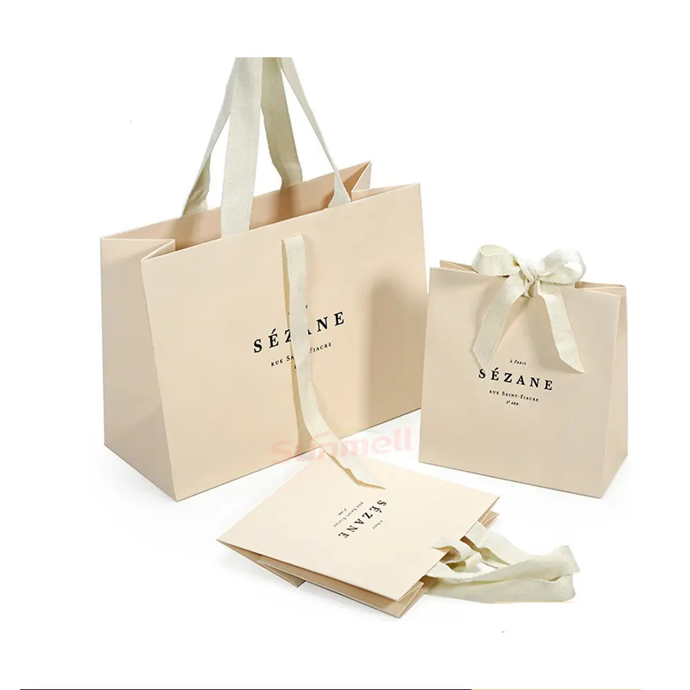 Sacs en papier avec logo personnalisé Sacs-cadeaux de luxe en papier perlé pour vêtements Sacs à provisions en papier avec poignées en ruban
