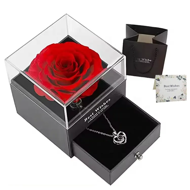 Valentines Mother Day Gift Preserved Roses in Acrylic Box Preserved Roses Box With I Love You Necklace Gift