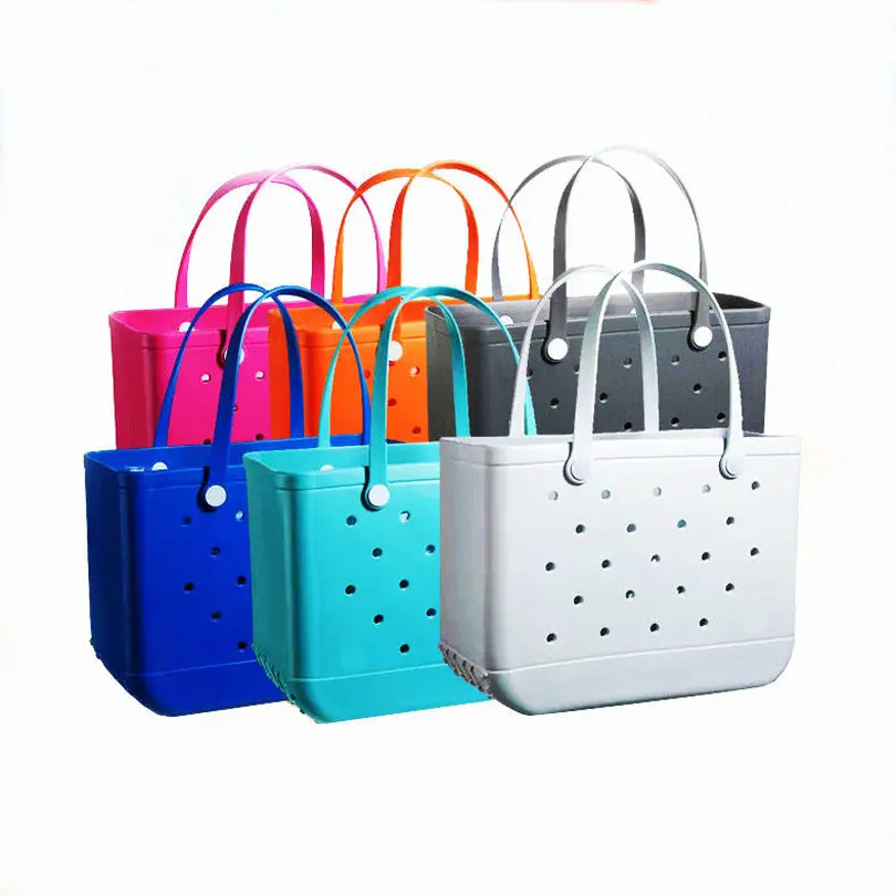 Оптовая продажа, женские пляжные водонепроницаемые сумки-тоуты, летняя резиновая сумка-тоут с индивидуальным логотипом, большая модная пластиковая силиконовая сумка из ЭВА с отверстиями