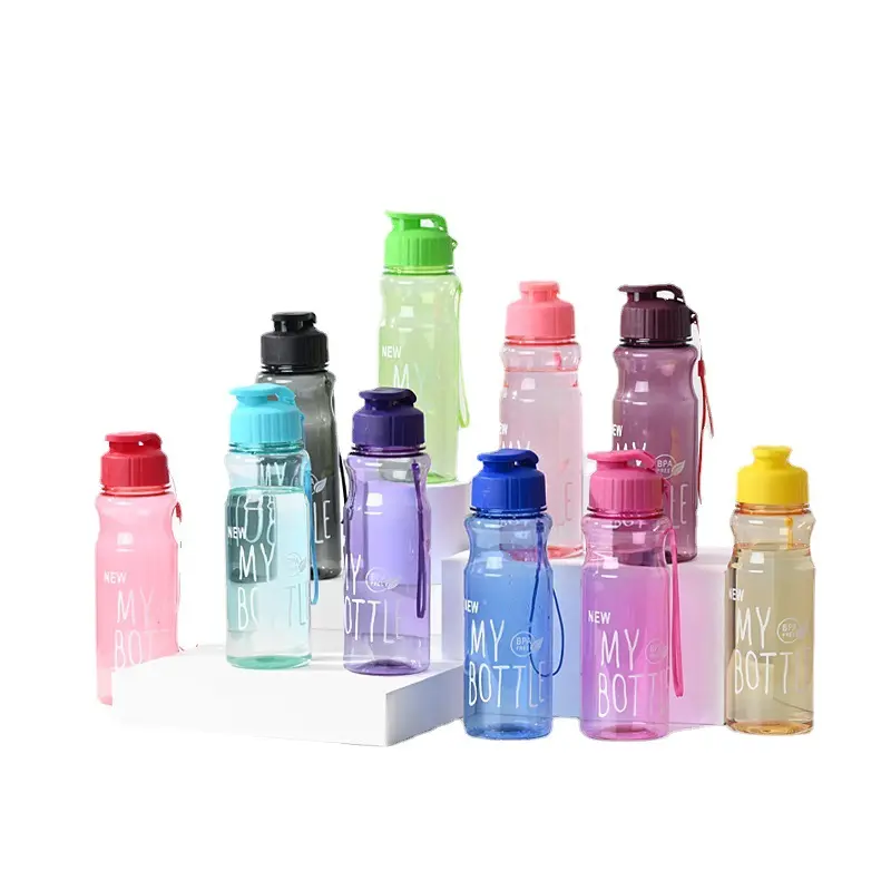 Venta al por mayor barato estudiantes deportes botella de agua publicidad uso diario portátil tapa abatible de plástico botellas de agua para al aire libre