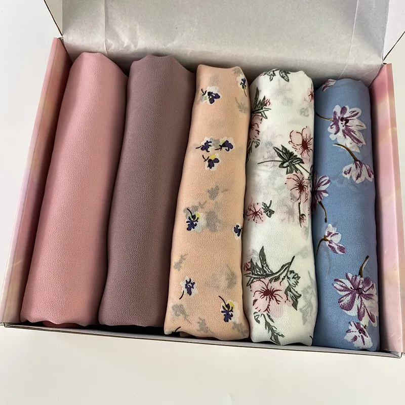 Hijab de gasa con estampado musulmán para mujer, bufanda árabe para la cabeza, chales de flores, Turbante islámico, caja de regalo