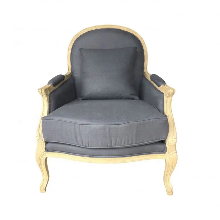 Wooden European Style Occasional Unique Accent Chairs Luxury Classic Oak Wood Frame Linen Fabric Upholstered Armchair