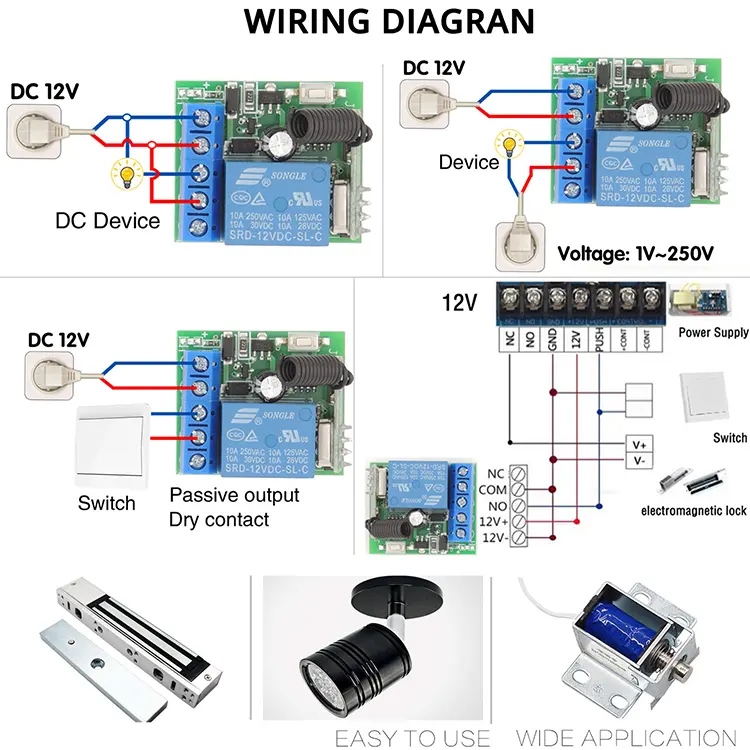 433 mhz wireless remote control switch DC 12V 10A 1CH relay receiver for Garage Gate Motor Light ON OFF Transmitter