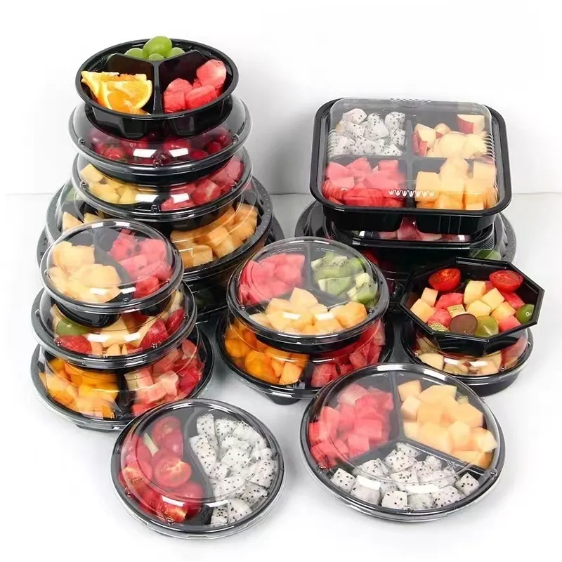 Caja de fruta de plástico PET OEM /ODM de alta calidad de fábrica, contenedores de ensalada de fruta con compartimentos redondos