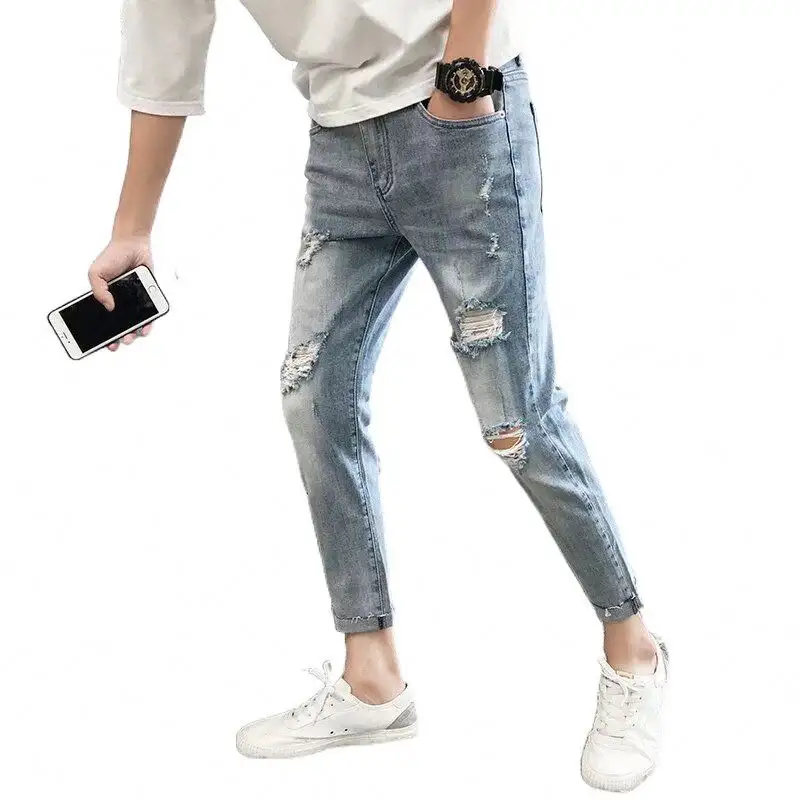 Jeans corti strappati sottili estivi pantaloni skinny slim fit stile coreano pantaloni casual alla moda