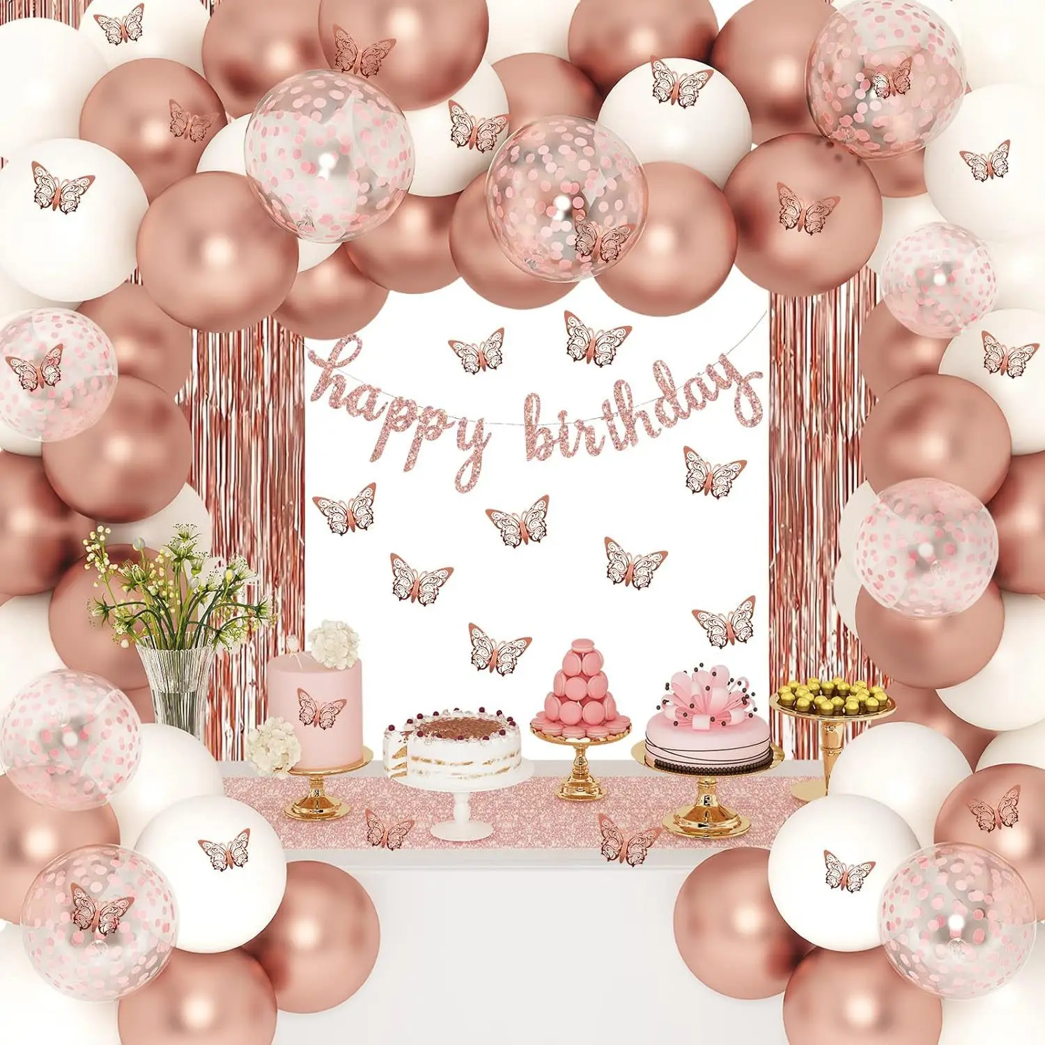 Rose Gold Happy Birthday Balloons Set Glitter Happy Birthday Banner Foil Curtain Backdrop For Rose Gold Party Decorations Kit
