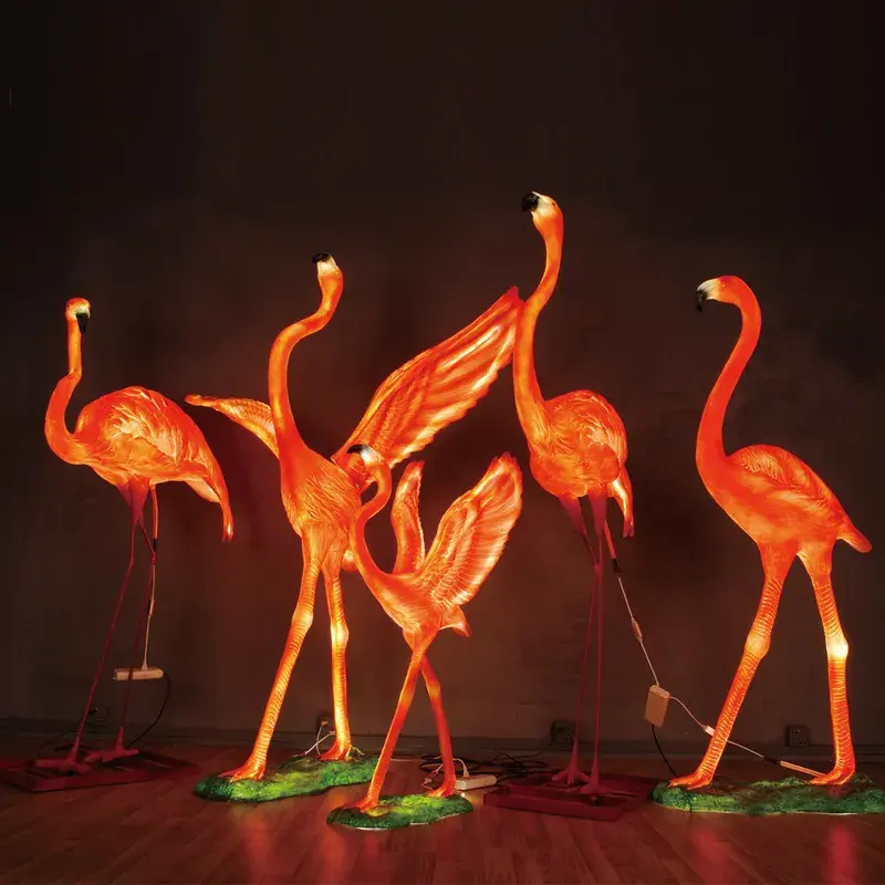 Fibra de vidrio resina flamencos Animal estatua luz LED motivo luz Navidad Decoración Luz