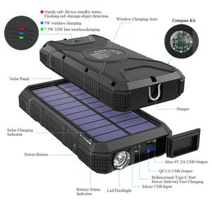 太阳能充电器PD18W QC 3.0便携式快速充电无线充电器10W/7.5W/5w防水手电筒指南针20000mAh移动电源